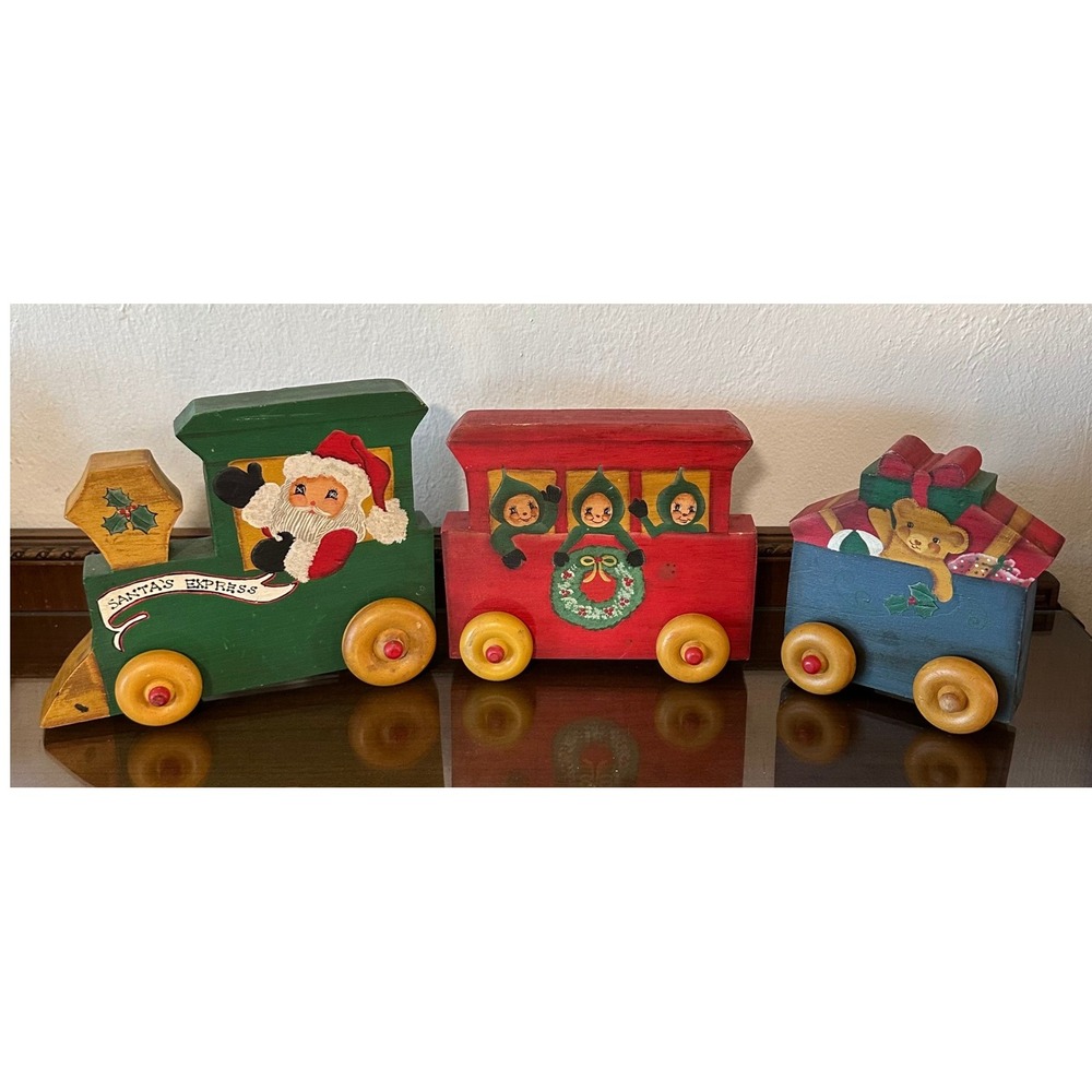 Vintage Hand Painted Wooden Christmas Train Santa Express‎ Decor 3 Piece Set